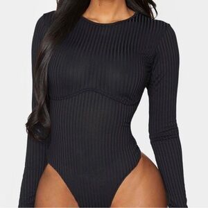 Ribbed Long Sleeve Bodysuit with Curved Under-Bust Seam